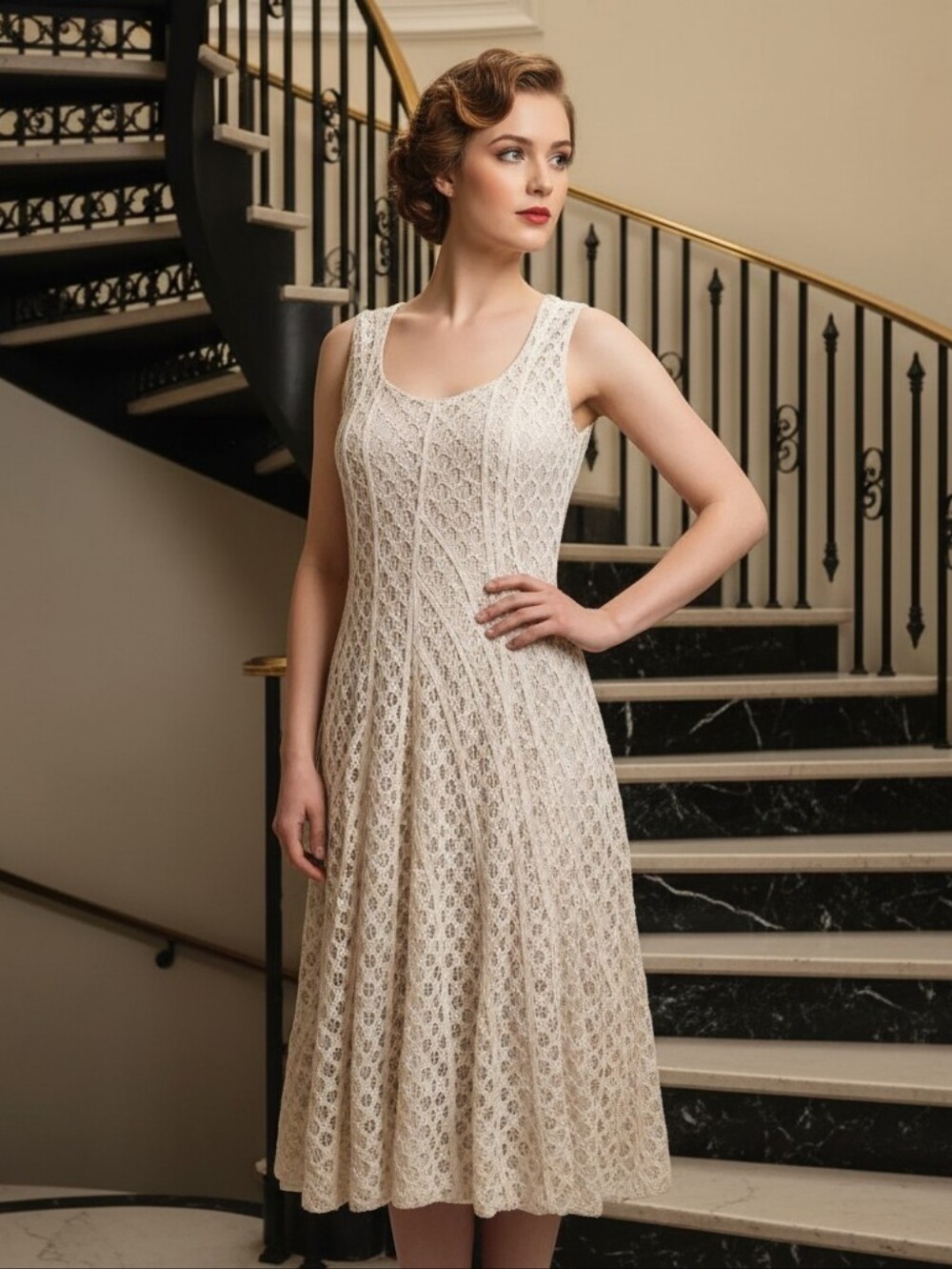 Dué+2 Cream Floral Elegance Lace Daydream Sleeveless Midi Length Dress  Size XS